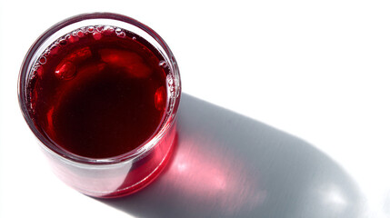 A top down view of a glass filled with a dark red liquid and small bubbles on a white surface casting a shadow