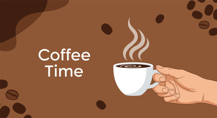 Vector banner with the text Coffee Time shows a hand holding a steaming white cup against a brown background with coffee beans.