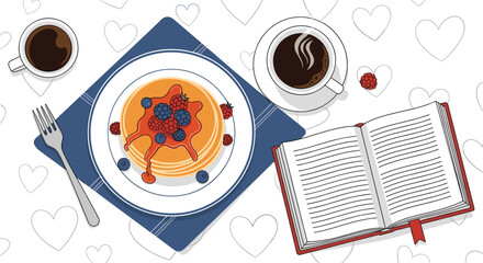 Obraz premium Top-down view of a cozy breakfast scene with pancakes and berries an open book and two cups of coffee on a heart pattern cloth.