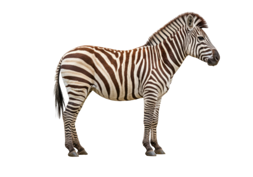 Isolated zebra standing and looking forward gracefully, in full view and in side profile