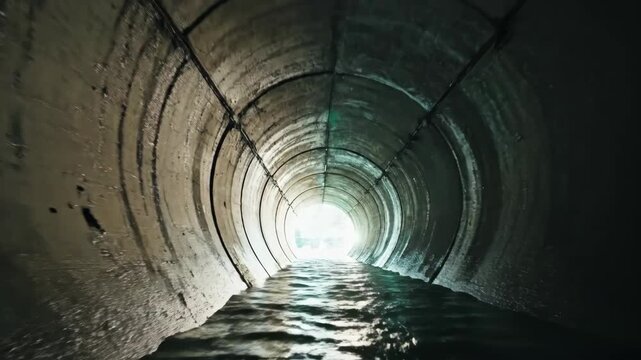 Walking Through Dark Drainage Tunnel With Flowing Water at Daytime