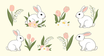 Obraz premium Elegant collection of cute white Easter bunnies with spring flowers like tulips lily of the valley and dogwood blossoms.