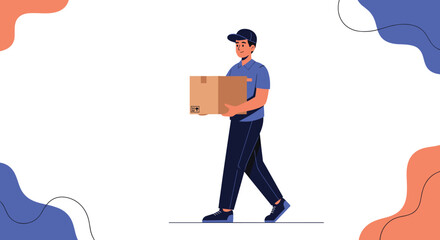 A friendly delivery man in a blue uniform and cap is walking while carrying a cardboard box on an abstract background.