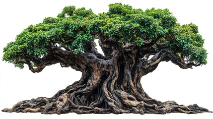 Mature Bonsai Tree with Extensive Roots and Lush Foliage on White Background