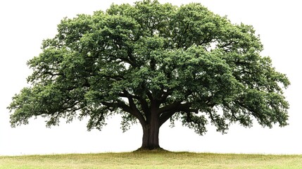 Solitary Oak Tree with Lush Green Canopy on Grassland