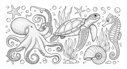 Detailed black and white dotwork illustration of sea life including an octopus a sea turtle a seahorse and a nautilus shell.