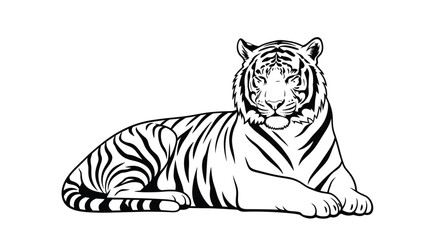 Fototapeta premium Black and white line art illustration of a powerful and majestic tiger lying down and looking directly at the viewer.