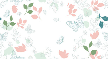 Gentle and beautiful spring or summer background with delicate butterflies and leaves in soft pastel colors with copy space.