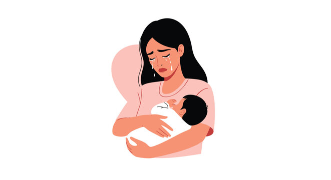 Young mother crying while holding her newborn baby in her arms illustrating postpartum depression or maternal sadness. - Powered by Adobe
