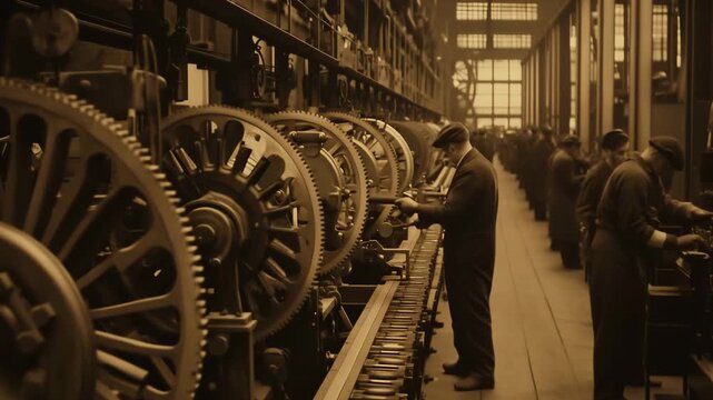 Men are focused on maintaining and operating heavy machinery inside a large factory during a busy workday in the early 1900s
