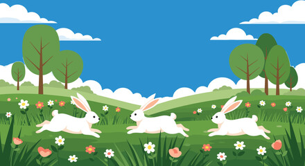 Fototapeta premium Beautiful spring landscape with three white rabbits running through a green meadow full of flowers and trees under a blue sky.