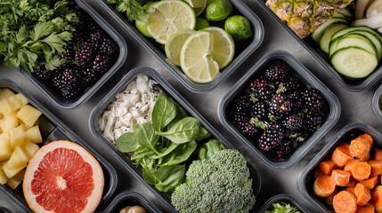 Overhead view of meal prep containers filled with assorted fruits and vegetables for healthy eating plan