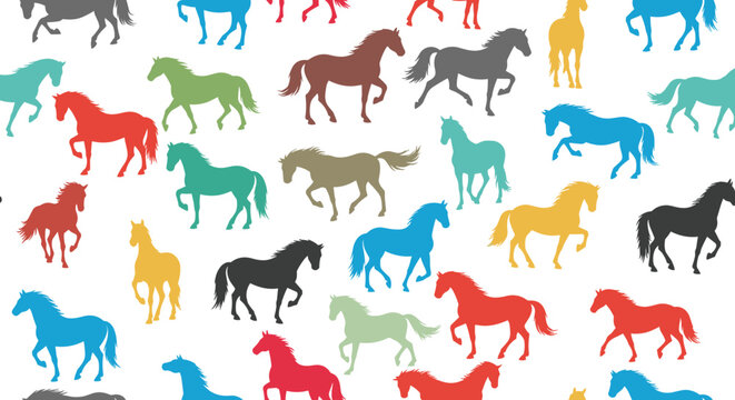 Seamless pattern with silhouettes of running and walking horses in a variety of vibrant colors on a white background.