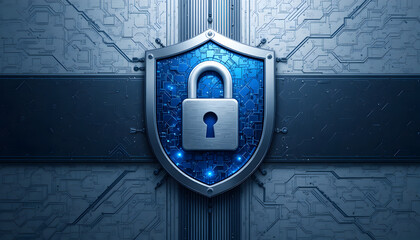A digital shield with a padlock on a textured background symbolizes cybersecurity, data protection, and network security in the digital age, ensuring privacy and trust