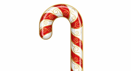 Vibrant Red and White Striped Candy Cane Illustration with Elegant Golden Swirls, a Classic Holiday Sweet Treat Depicting Festive Winter Celebrations and Delicious Confectionery