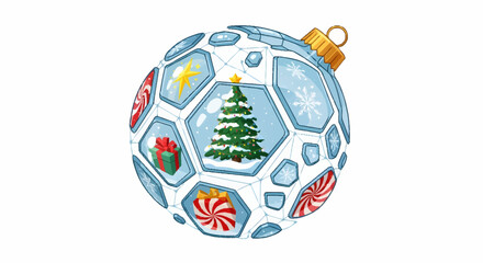 A beautifully detailed illustration of a faceted crystal Christmas ornament, featuring various holiday symbols like a tree, gift, and candy cane