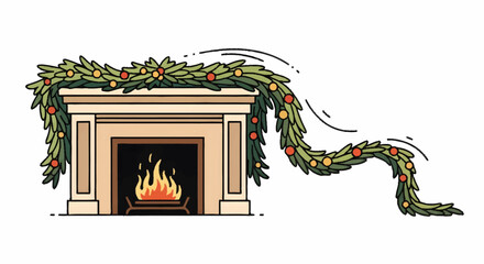 Illustrated classic fireplace mantel decorated with a long, flowing festive Christmas garland and a warm, inviting fire inside