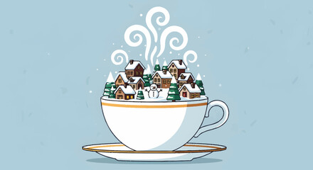 Winter Village in a Teacup A Cozy Winter Scene with Snow-Capped Houses and Steam
