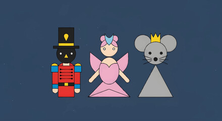 Whimsical Nutcracker Suite A Cartoon Trio of Ballet Characters on a Deep Blue Background