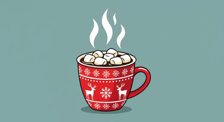 Cozy illustration of a steaming hot drink in a festive red mug with holiday patterns, topped with marshmallows, evoking warmth and winter comfort