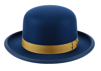 Isolated Royal blue bowler hat with a golden ribbon, a stylish and fashionable headwear accessory