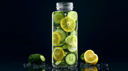 A clear bottle filled with water slices of cucumber and lemon on a dark reflective surface studio shot