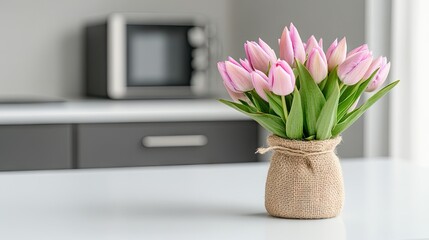 Beautiful tulips in a jute-wrapped vase brighten a white table in a contemporary kitchen, providing an elegant touch and space for branding or design elements