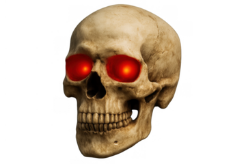 Human skull with glowing red eyes representing evil, death, and danger, conceptualizing a spooky halloween