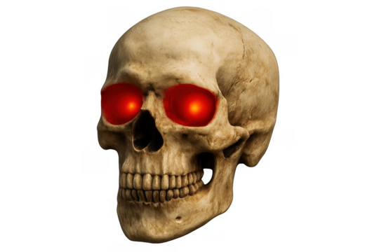 Human skull with glowing red eyes representing evil, death, and danger, conceptualizing a spooky halloween