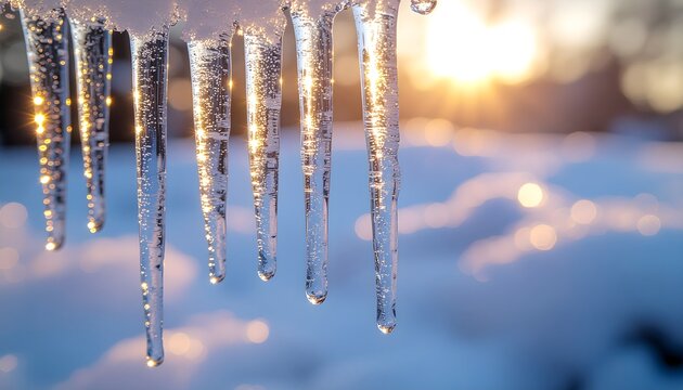 Glistening icicles with warm snow bokeh under low winter sun
 - Powered by Adobe