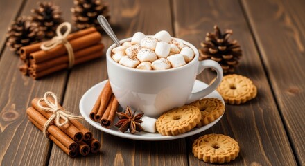 Cup of hot chocolate with marshmallows, surrounded by cinnamon sticks and cookies
