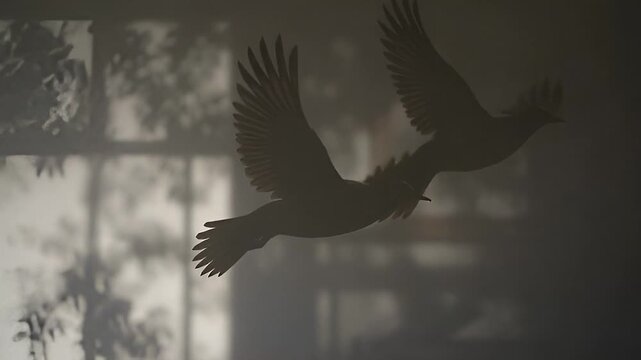 Soft passing bird-shadow overlay with sparse silhouettes and gentle drift