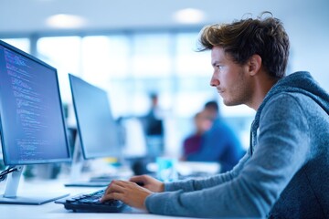 Busy programmer typing code on computer screen in office asia exploring ai tools for automation and big data insights in tech development