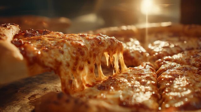 The image highlights a delicious cheese pizza with melted cheese stretching from a slice. This cheese pizza showcases golden crust and appetizing toppings under warm light.