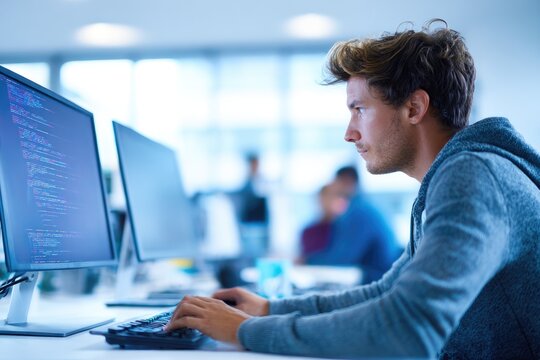 Busy programmer typing code on computer screen in office asia exploring ai tools for automation and big data insights in tech development