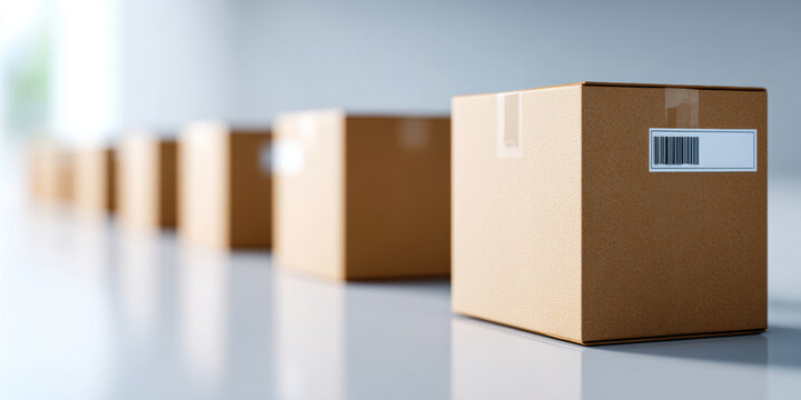 A row of cardboard boxes with shipping labels on a table in an setting