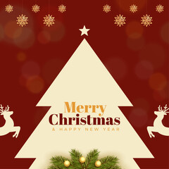 Christmas and New Year Typographical on red background with winter landscape with snowflakes, light, stars. Merry Christmas card. Vector Illustration creative, Marry Christmas poster, web banne