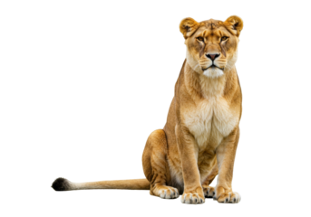 Isolated Powerful Lioness Sitting Calmly Looking Forward in a Neutral Posture and Focused View