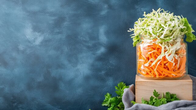 A clear jar filled with vibrant yellow/white coleslaw and bright orange carrots sits on a vintage wooden box against a dark blue background, with a gray cloth below and a touch of chili for spice