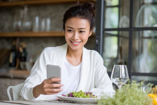Modern health care podcast asian woman vlogger discusses cholesterol diet and anti-aging advice for longevity in digital video filming with selfie on mobile phone - Powered by Adobe
