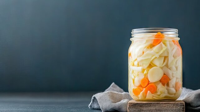 A clear jar filled with marinated cabbage and bright orange carrots rests on a wooden block. The setup is enhanced by a dark blue background and an old gray cloth, creating a rustic feel