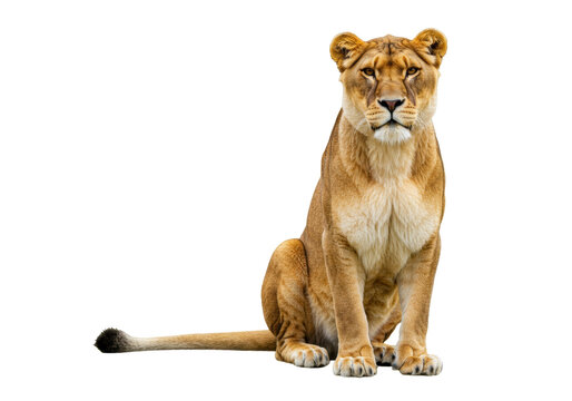 Isolated Powerful Lioness Sitting Calmly Looking Forward in a Neutral Posture and Focused View