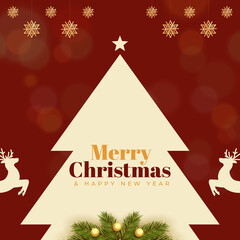 Christmas and New Year Typographical on red background with winter landscape with snowflakes, light, stars. Merry Christmas card. Vector Illustration creative, Marry Christmas poster, web banne