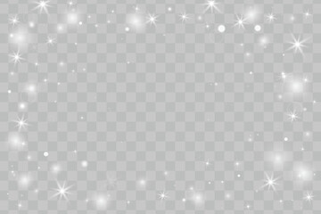 Glow light effect with sparkling glitter particles and shiny stars border for Christmas and New Year designs. Magical silver light sparkles, bokeh and glittering dust