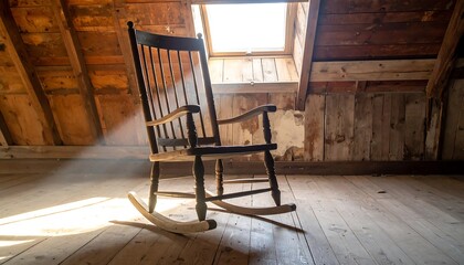 Rocking chair in a dusty attic with sunlight shining through a window