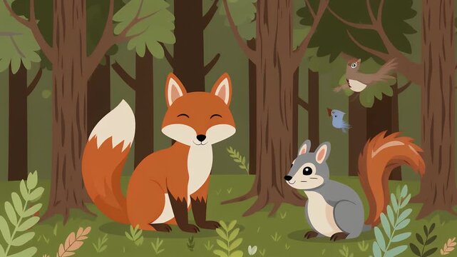 Cartoon forest scene fox and squirrel friendship in a natural environment