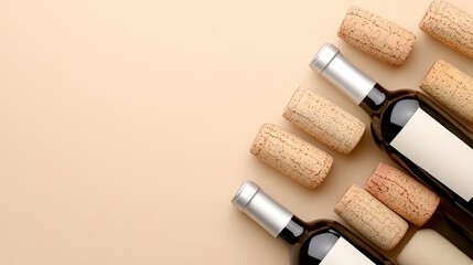 Showcasing wine corks arranged neatly alongside bottles on a beige background, this setup offers ideal space for branding and customization, perfect for marketing materials