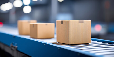 A conveyor belt with cardboard boxes on it in a warehouse setting