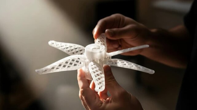 Man observing a complex translucent 3D printed object for bioprinting development. Advanced manufacturing and prototype inspection concept.