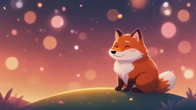 Cartoon fox illustration sitting on a hill with a colorful bokeh background